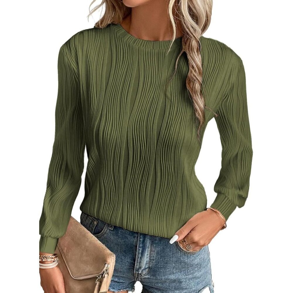 🆕 Women Green Trendy Casual Long Sleeve Crewneck Tops Loose Textured Blouses